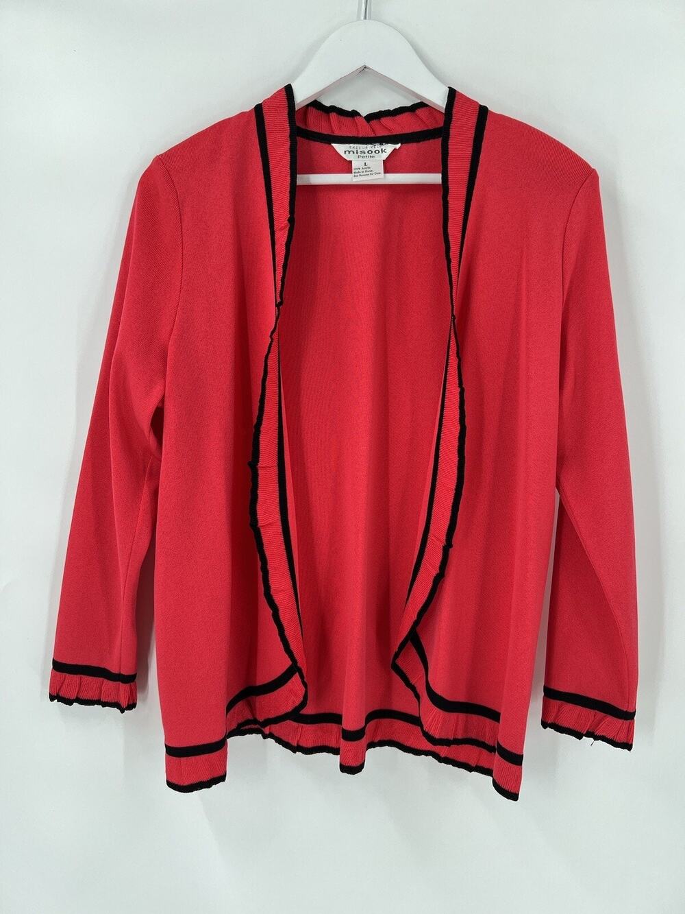 Misook Cardigan Sweater Womens Large Red Pink Black Open Ruffle Knit Stretchy